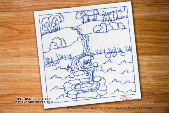 Beautiful Waterfall in Forest Redwork